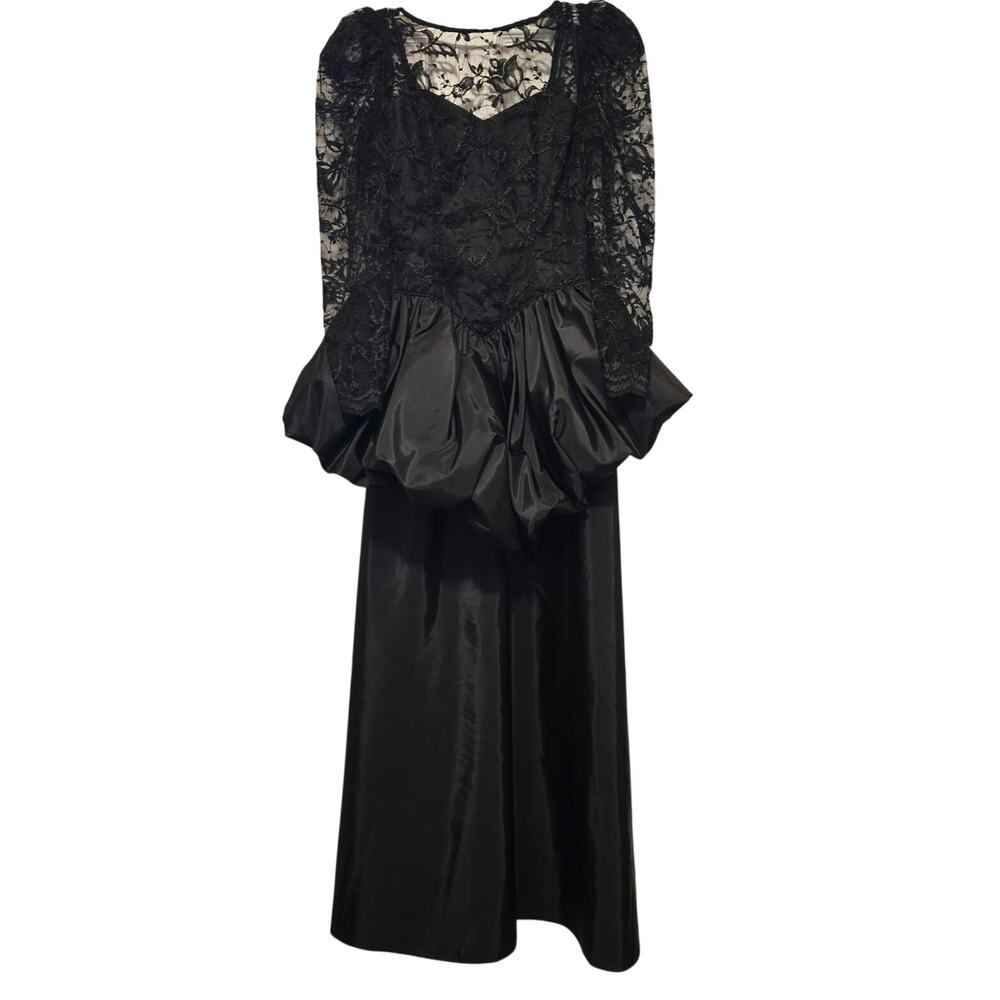 Vintage 80s Sz 10 Black Lace Long-sleeve Formal peplum6 Gown Dress